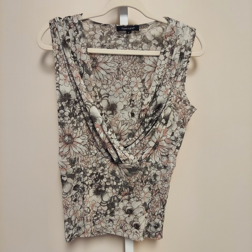 Karen Kane Large Floral Faux Wrap Mesh Sleeveless Blouse‎ Grey Pink L Romantic